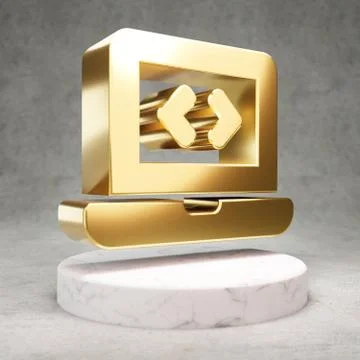 Laptop Code icon. Shiny golden Laptop Code symbol on white marble podium. Stock Illustration