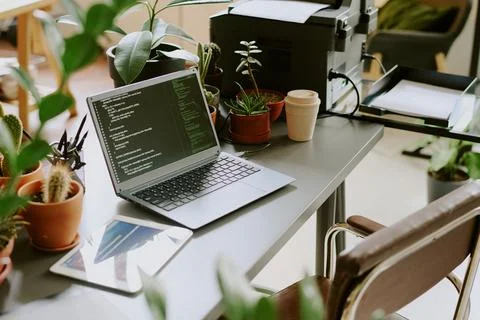 Laptop With Code On Screen In Biophilic Office Stock Photos
