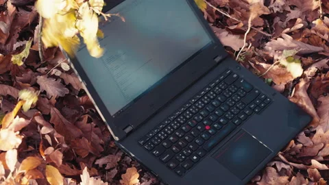 Laptop with code on screen falling ground, symbolism of quitting Stock Footage 145513940