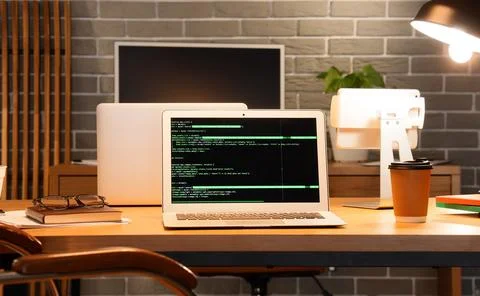 Laptop with code on screen in modern workspace Foto stock
