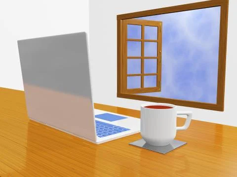 Laptop Coffee Mug in Front of Open Window Illustrazione stock