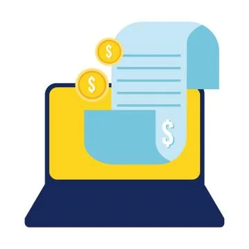 Laptop with coins and document flat style icon 库存插图