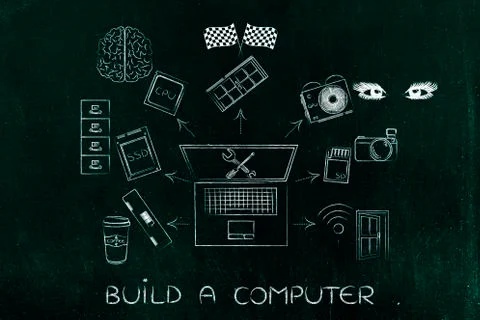 Laptop components next to their real life conceptual equivalent 库存插图