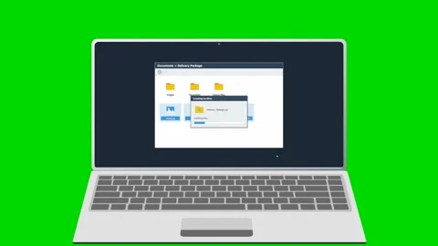 Laptop compressing files into a zip archive on a green screen. 4K Stock Footage 342114872