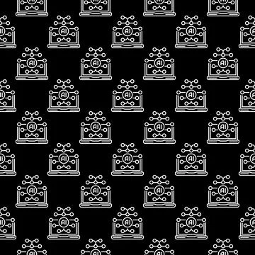 Laptop Computer with AI Brain vector Artificial Intelligence outlline seaml.. Stock Illustration