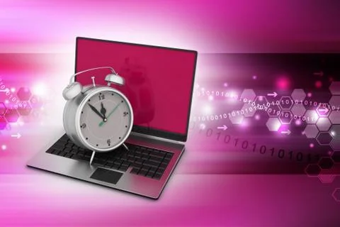 Laptop computer with alarm clock in color background Stock Illustration