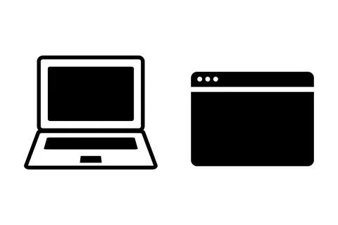 Laptop computer and browser window silhouette icon set. Vector. Stock Illustration