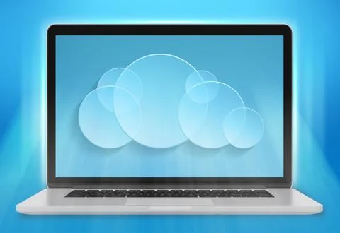 Laptop computer and a cloud storage on blue background Stock Illustration