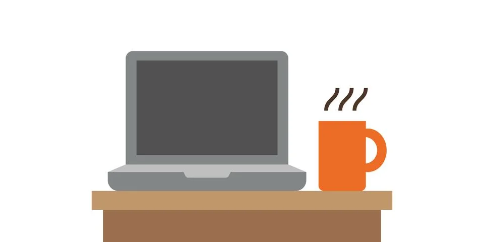 Laptop computer and coffee cup on desk flat vector icon design 스톡 일러스트