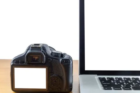 Laptop computer and digital camera have bank black screen of laptop and blank Stock Photos