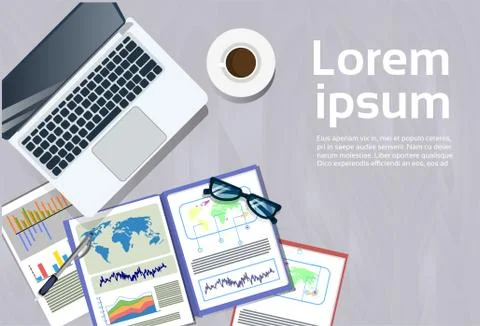 Laptop Computer And Financial Reports At Workplace Top Angle View Concept Office Stock Illustration