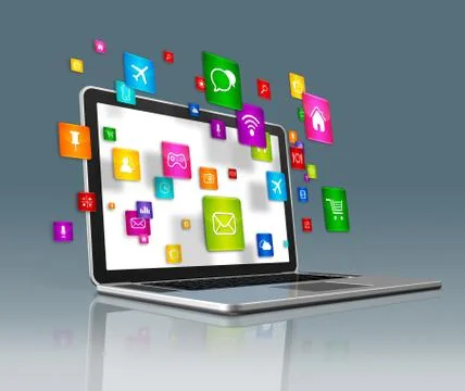 Laptop Computer and flying apps icons on a futuristic background Stock Illustration