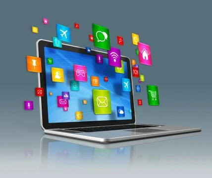 Laptop Computer and flying apps icons on a grey background Illustrazione stock
