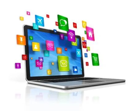 Laptop Computer and flying apps icons on a white background Stockillustratie