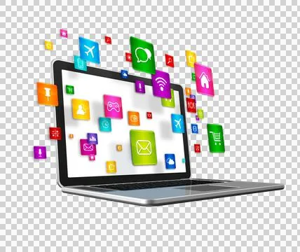 Laptop Computer and flying apps icons on a white background Illustrazione stock