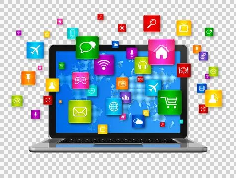 Laptop Computer and flying apps icons Stock Illustration