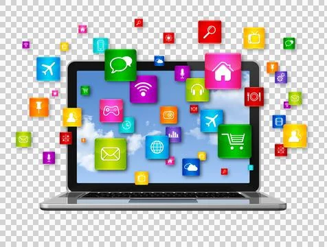 Laptop Computer and flying apps icons Illustrazione stock