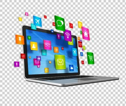 Laptop Computer and flying apps icons on a white background 库存插图