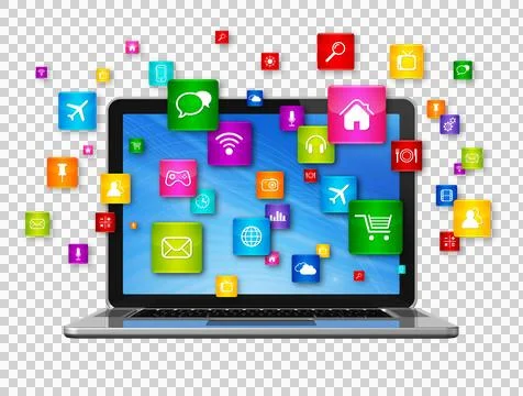 Laptop Computer and flying apps icons Stock Illustration