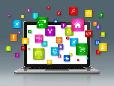 Laptop Computer and flying apps icons isolated on grey 3D Laptop Computer ... Foto stock