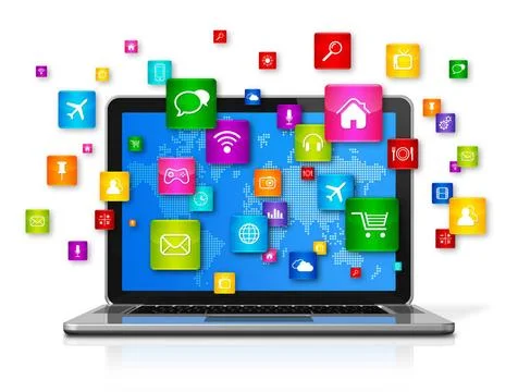Laptop Computer and flying apps icons 3D Laptop Computer with flying apps ... Foto stock