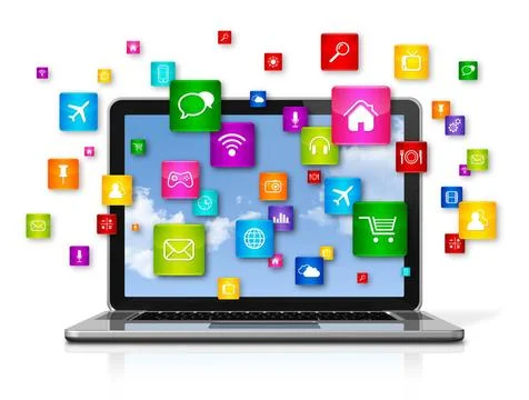 Laptop Computer and flying apps icons 3D Laptop Computer with flying apps ... Stock Photos