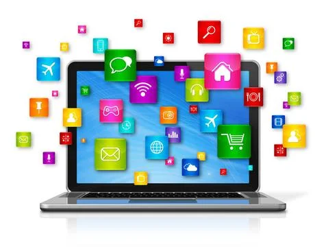Laptop Computer and flying apps icons 3D Laptop Computer with flying apps ... Stock Photos