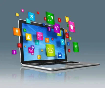 Laptop Computer and flying apps icons on a grey background 3D Laptop Compu... Foto stock