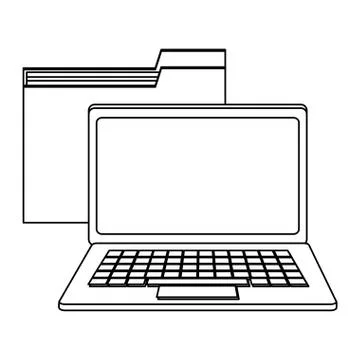 Laptop computer and folder symbol black and white Stock Illustration