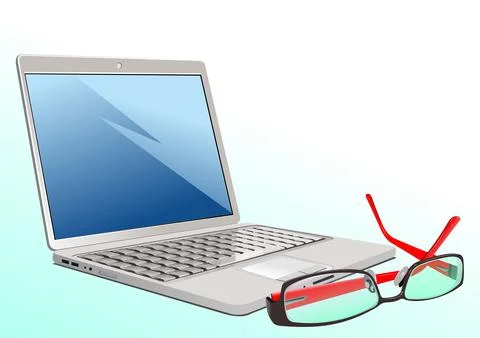 Laptop computer and glasses. 3d vector Stock Illustration