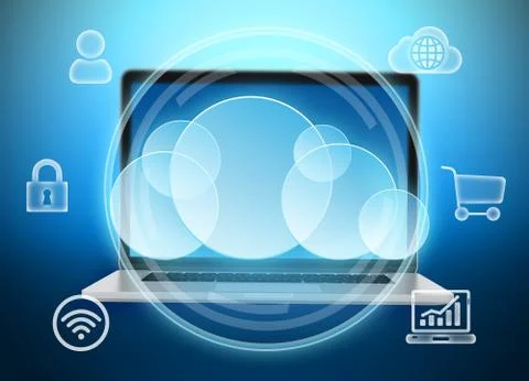 Laptop computer and a great cloud with icons 스톡 일러스트