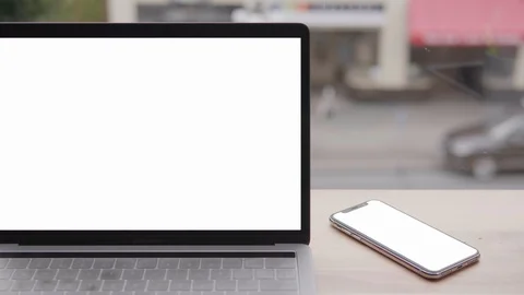 Laptop Computer and Mobile Phone, Smartphone Business Model Mockup Technology Stock Footage 100172344
