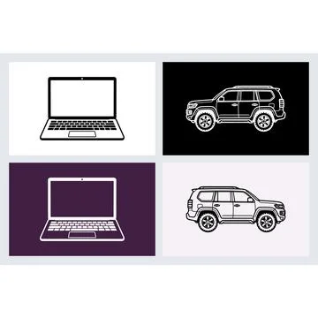Laptop computer and offroad SUV vehicle line art icons Stock Illustration