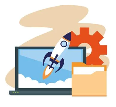 Laptop computer and rocket with folder and gear wheel Stock Illustration