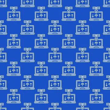 Laptop Computer and Satellite vector Internet Access concept blue line seam.. Illustrazione stock