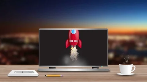 Laptop computer and starting spaceship animation Stock Footage 72895694