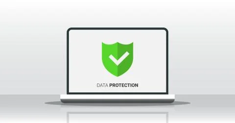 Laptop Computer With Antivirus Software Over Gray Background, Vector Stock Illustration