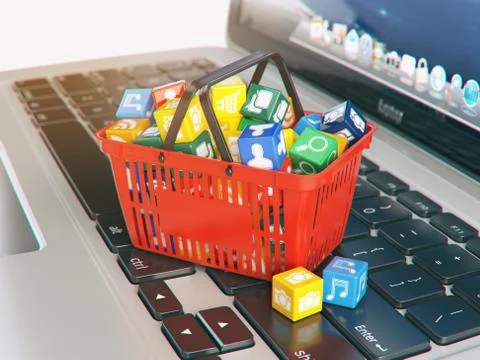 Laptop computer application software icons in the shopping basket. Store of.. Illustrazione stock