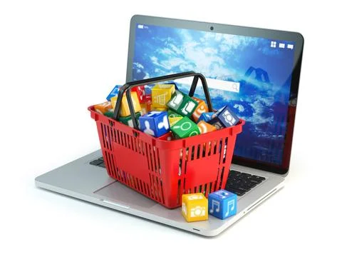 Laptop computer application software icons in the shopping basket isolated... Stock Photos