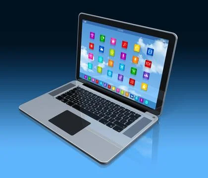 Laptop Computer - apps icons interface 3D Laptop Computer - apps icons int... Stock Photos