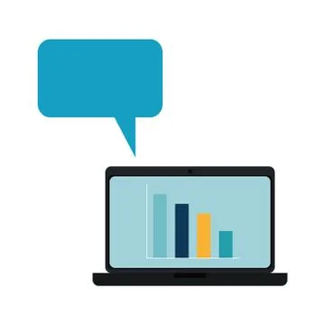 Laptop computer with bars statistics and speech bubble Illustrazione stock