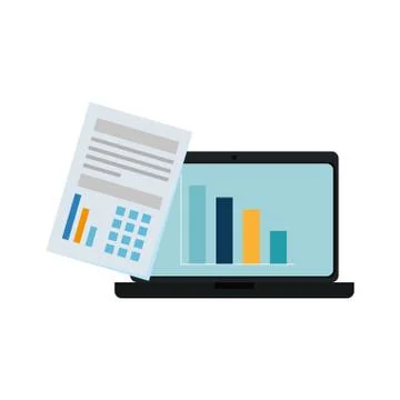 Laptop computer with bars statistics and documents Stock Illustration