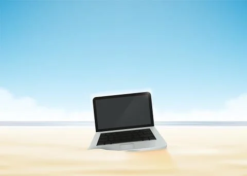 Laptop computer in the beach sand. Vector Illustrazione stock