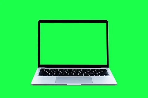 Laptop computer with blank green screen isolated on green background. Object  Stock Photos