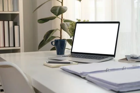 Laptop computer with blank screen, accountant documents, coffee cup and off.. Stock Photos