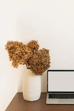 Laptop computer with blank screen. Dried hydrangea flower bouquet on wooden t Stock Photos