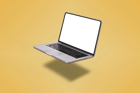 Laptop computer with blank screen isolated on yellow background Stock Photos