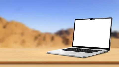 Laptop computer blank screen mockup on wooden table with empty space over blu イラスト素材