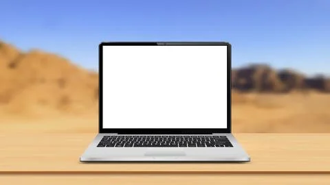 Laptop computer with blank screen on table at landscape mountain blurred ba.. イラスト素材