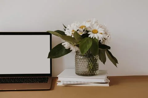 Laptop computer with blank screen on table with chamomile flowers bouquet. Ae Stock Photos